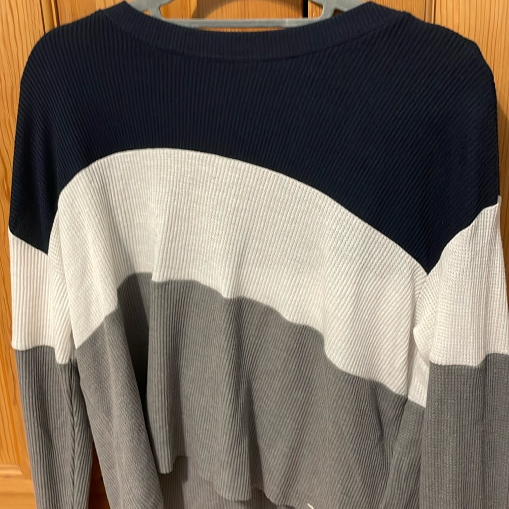 Hollister boyfriend tee.  Long-sleeved, navy, gray and white.  Size XS.
